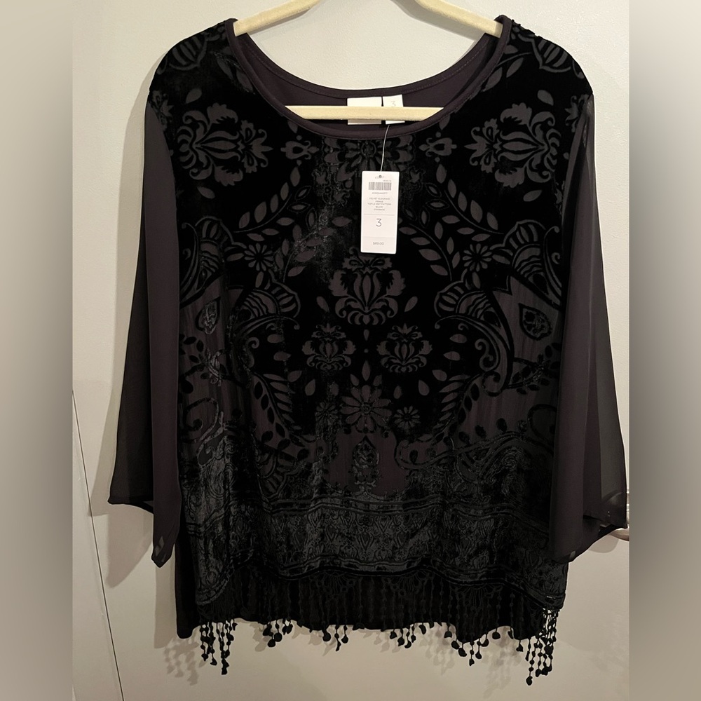 NEW Chico’s Black Velvet Beaded Hem Blouse - Picture 2 of 9